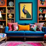 **A maximalist living room bursting with color and collected treasures. Focus on a ceramic peacock figurine displayed among colorful cushions on a sofa. Capture the eclecticism of combined styles: modern furniture with antique accessories, ethnic fabrics paired with designer lamps.**