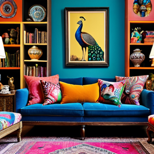 **A maximalist living room bursting with color and collected treasures. Focus on a ceramic peacock figurine displayed among colorful cushions on a sofa. Capture the eclecticism of combined styles: modern furniture with antique accessories, ethnic fabrics paired with designer lamps.**